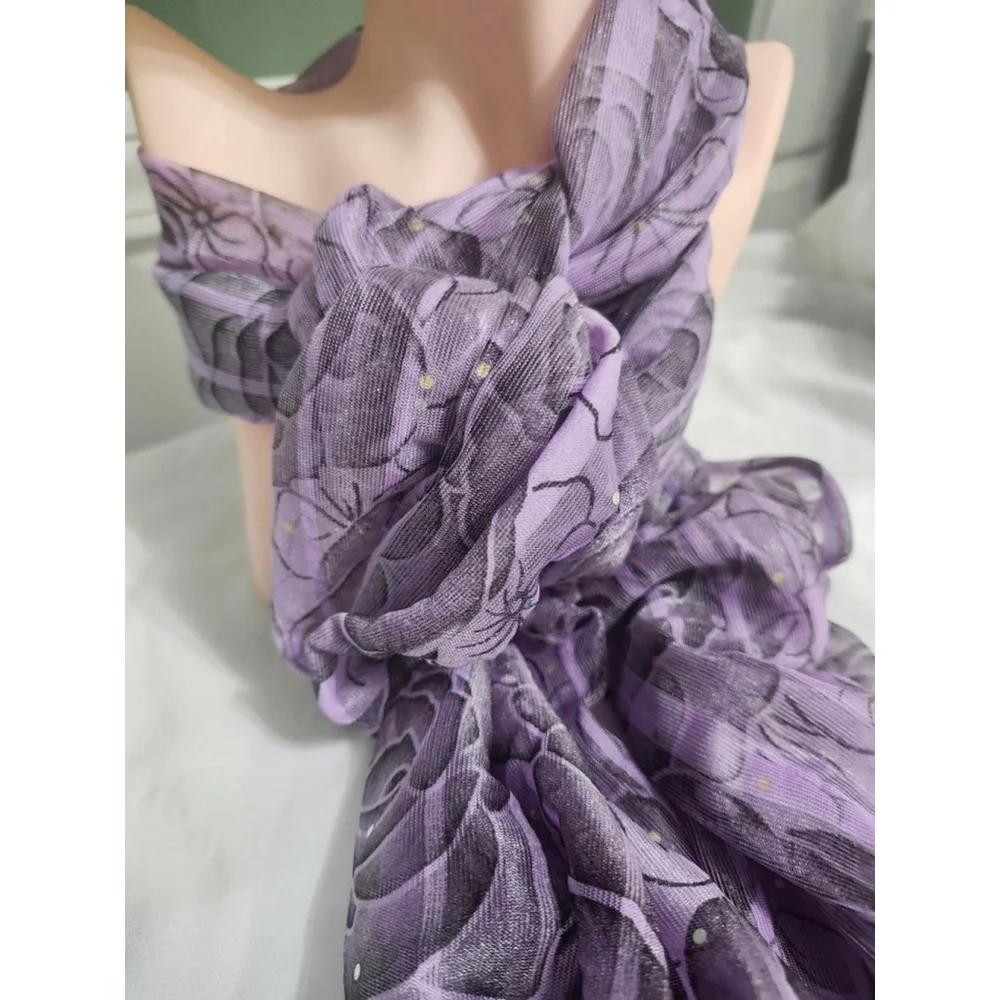 Purple Black Floral Scarf With Fringe